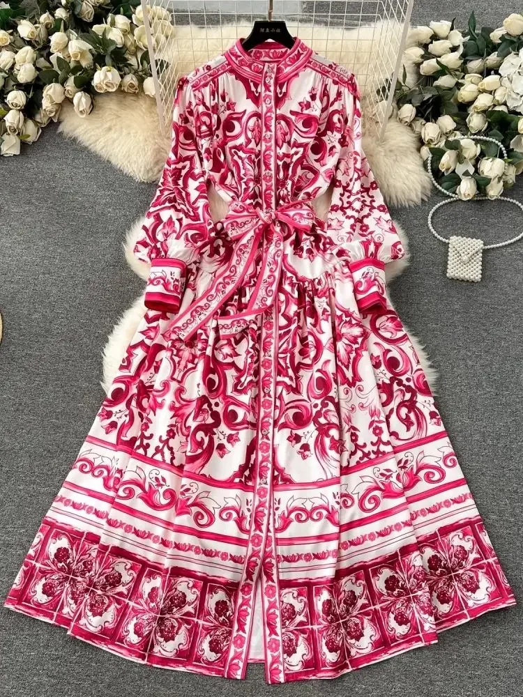 Женское праздничное платье макси TRAF модельное сине-белое с фарфоровым принтом и