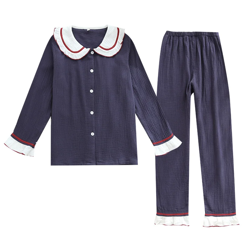 Four Seasons Couple Pajamas Cotton Double Layer Gauze Homewear Simple Men/Women Home Suit Crepe Thin Section Woman Pj Set lounge