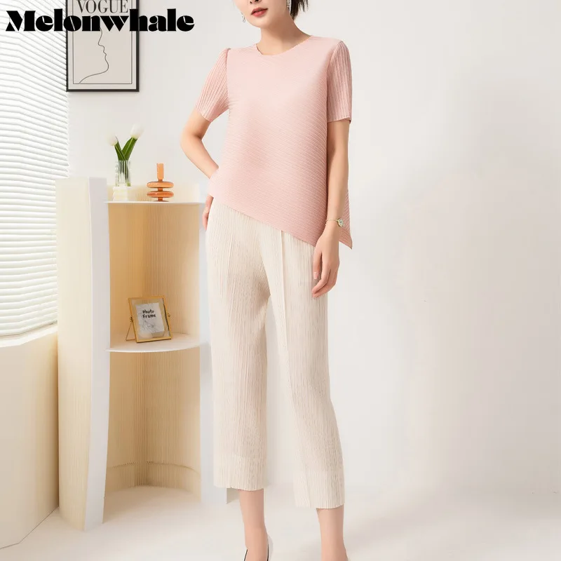 

MelonWhale Irregular Solid Miyake Pleated T-Shirt Tops Pencil Pants Pants Loose Women Summer New Two Piece Pant Sets 2023 New