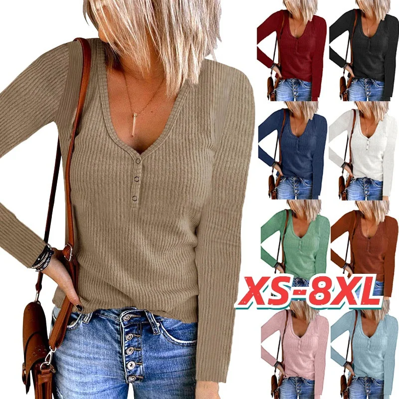 Women Fashion Casual Long Sleeve Tee Shirts Solid Color Knitting Pullovers Ladies V-neck Blouses Button Up Loose Spring and Autu
