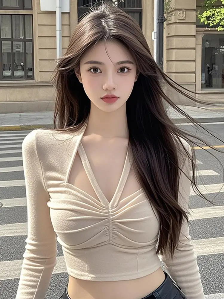 Plus Size Creamy-white V-neck Hanging Neck Long sleeve Short Top Women Autumn Slim fit Slimming High-Grade Light Luxury Exqui...