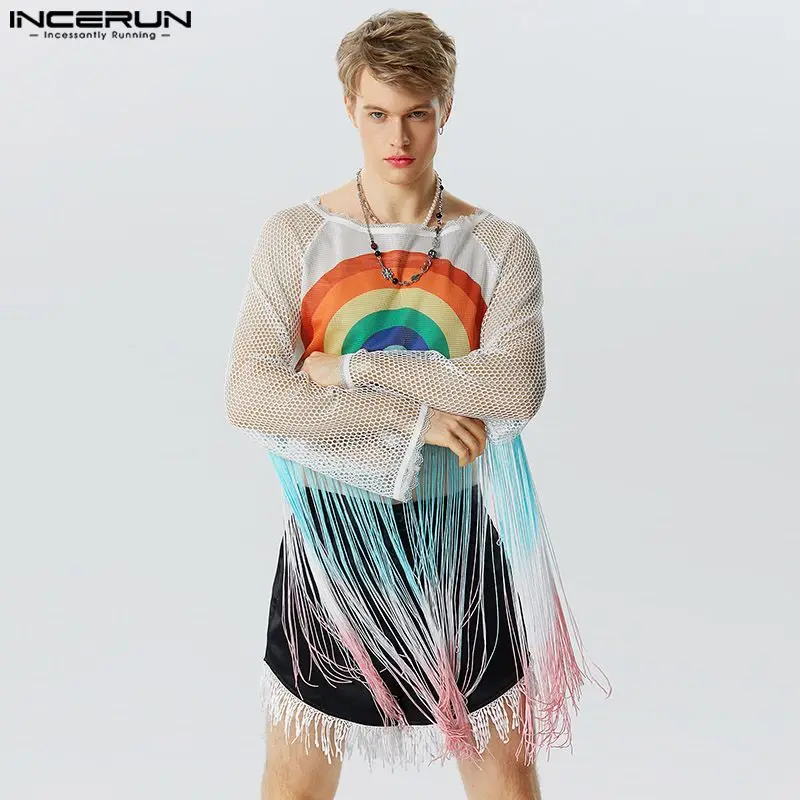 Топы INCERUN новинка 2024 мужские радужные просвечивающие сетчатые укороченные