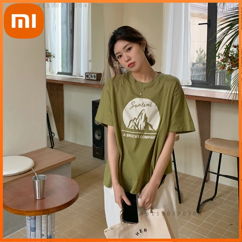 

Футболка Xiaomi Harajuku Женская свободная, разрез абрикосового, зеленого, оранжевого цветов, с круглым вырезом, простой принт, женские хлопковые ф...