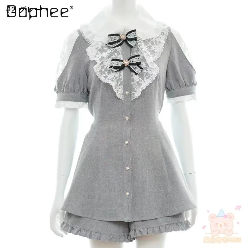 

Japanese Women Outfits Two Bow Suit Lolita Sweet Lace Stitching Mine Suit Bowknot Brooch Dress Culottes Short Sleeve Tops Ladies