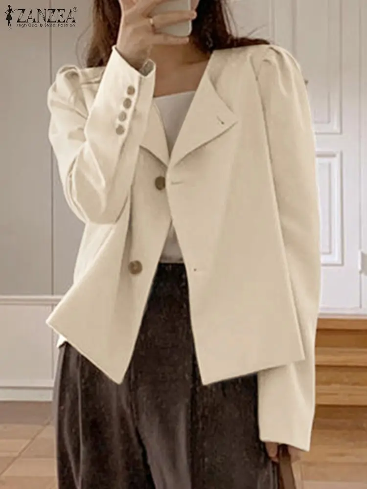 

Элегантный однотонный Блейзер ZANZEA, женские офисные костюмы с круглым вырезом и длинным рукавом, пальто, осенняя Повседневная однотонная куртка на пуговицах, Офисная верхняя одежда