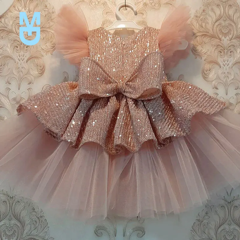 

New 2022 Summer Spring Sequins Baby Girl Gown1st Birthday Party Wedding Dress For Children Princess Evening Dresses Kids Clothes