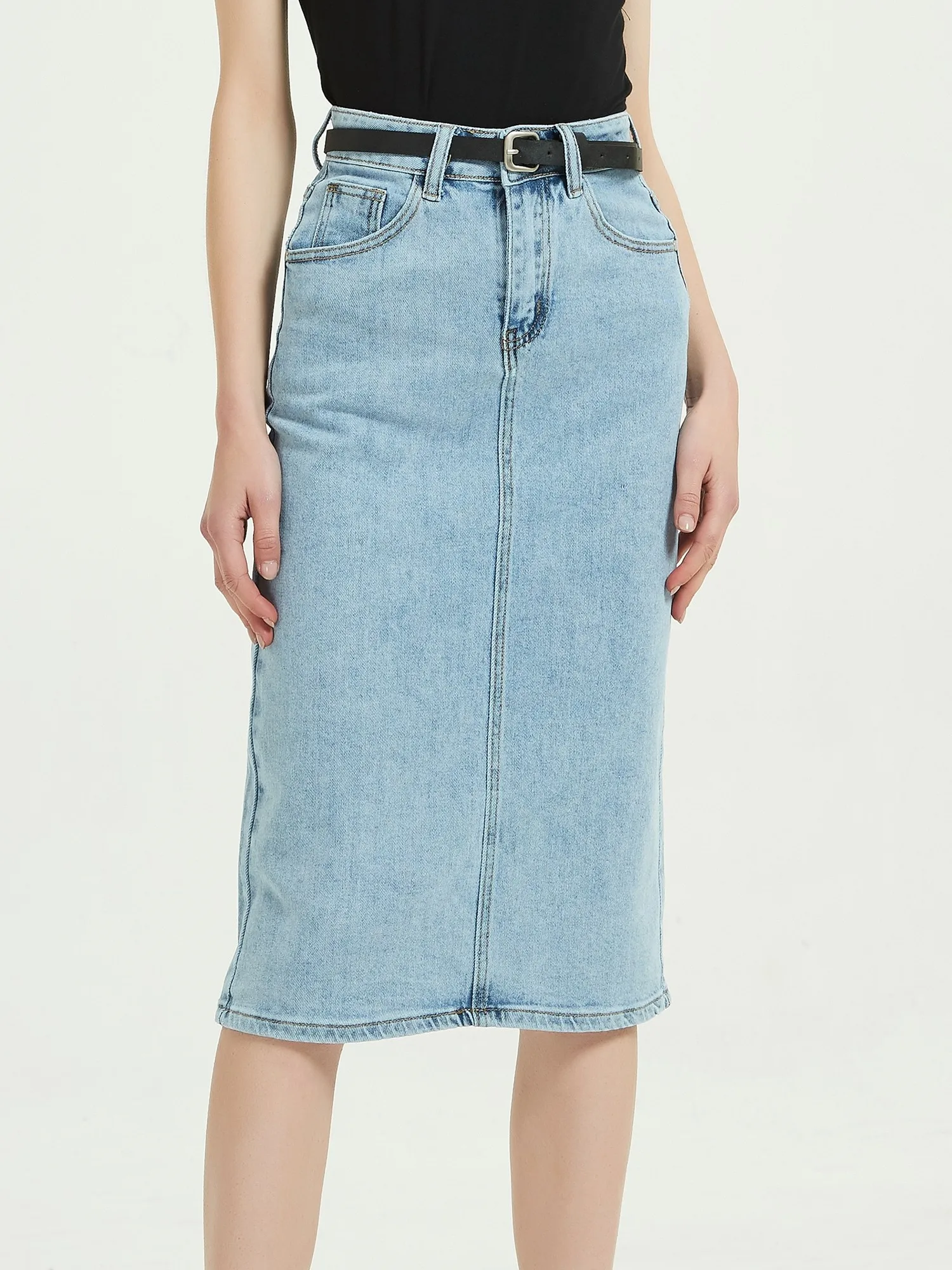 ZHISILAO New High Waist Straight Pencil Denim Skirt Women Vintage Split Knee Length Jean Skirt Streetwear Summer 2022