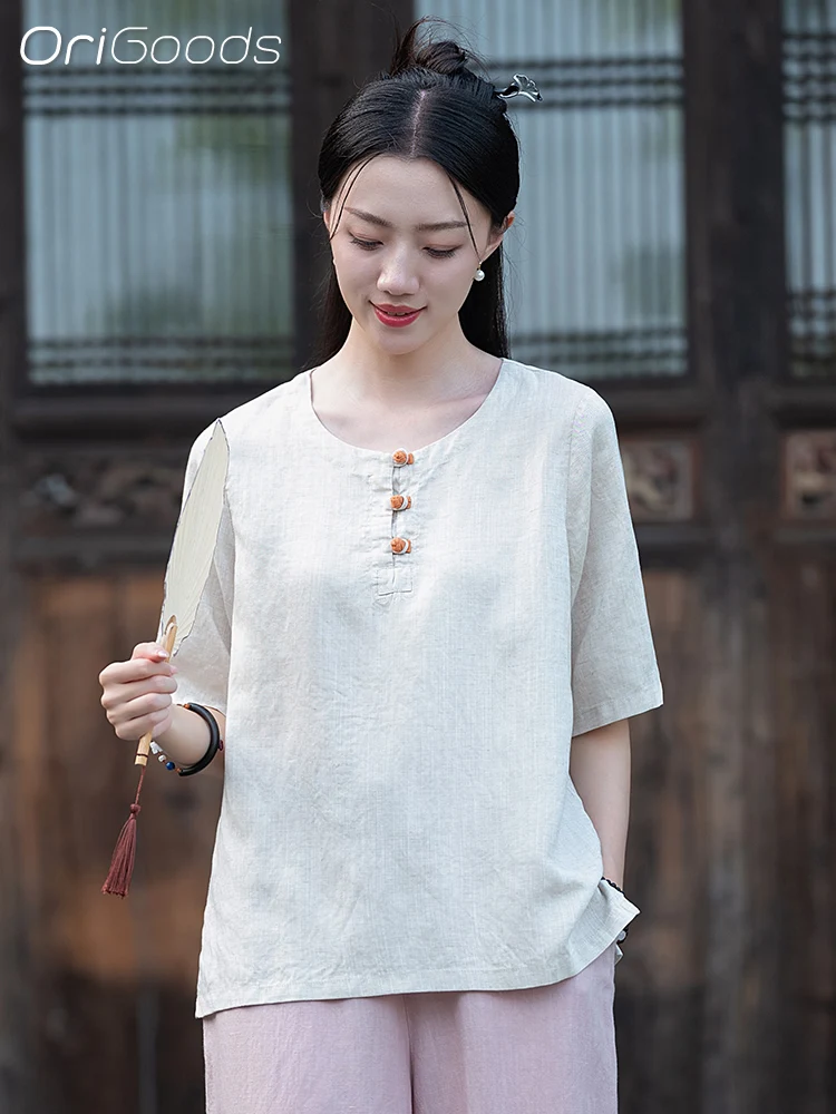 Новинка 2024 летняя Тонкая Блузка OriGoods футболка женские льняные крутые футболки в