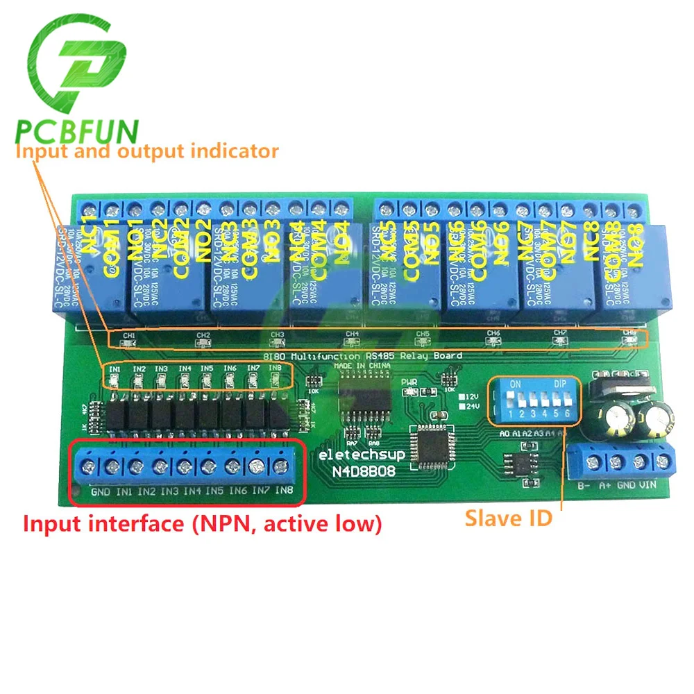 Релейный модуль с изолированным входом и 8 выходами постоянного тока 12 В 24 В 8 дюймов DIN35 C45, Релейный Модуль UART RS485, плата переключателя управления Modbus RTU