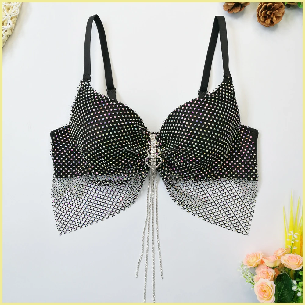 

Women Diamond Bras Underwear Fishnet Rhinestone Corset Crop Top Sexy Lingerie Fashion Hot Wind Bra Bow Pendant Tassel Bralettles