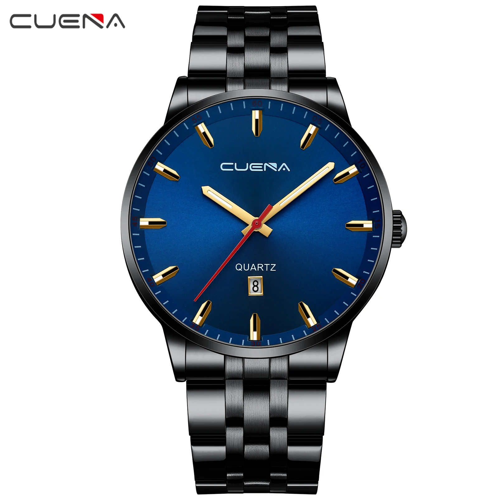 

CUENA Watch for Men Fashion Luxury Casual Black Stainless Steel Wristwatches Quartz Waterproof Sports Clock Relógios Masculino