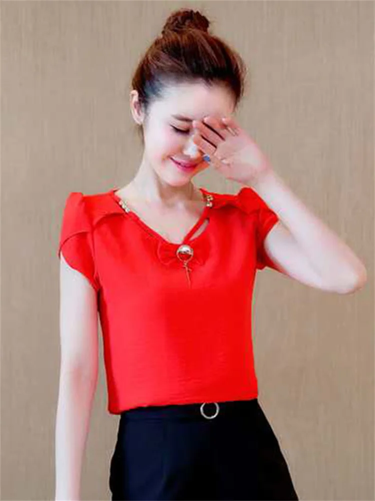 Женская шифоновая блузка летний топ с коротким рукавом DF2584 размера плюс |