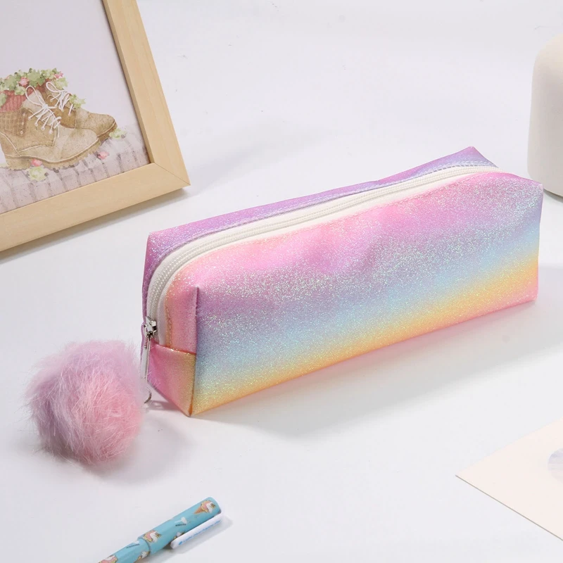 

Girls Rainbow Color With Sofe Plush Ball Zipper Pencil Bag Case Pen Makeup Brush Pencil Bags School Supplies Korean Stationery