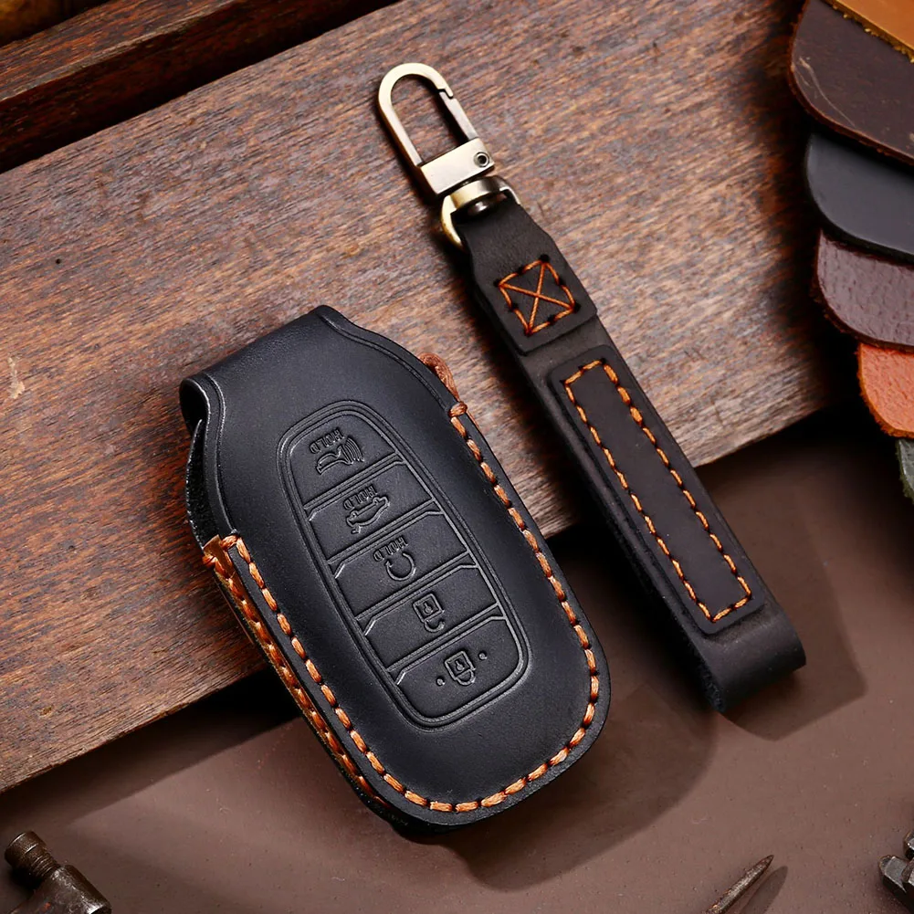 

Car Key Cover For Azera 2017- For Hyundai I30 2017 5 Buttons Ati-drop Brown Leather Wear-resistant Durable To Use