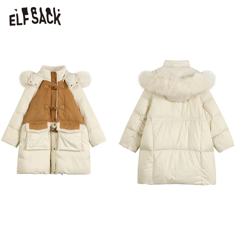 ELFSACK Collar Detachable Spliced Down Coats Women 2022 Winter Warm Mid-length Outwears