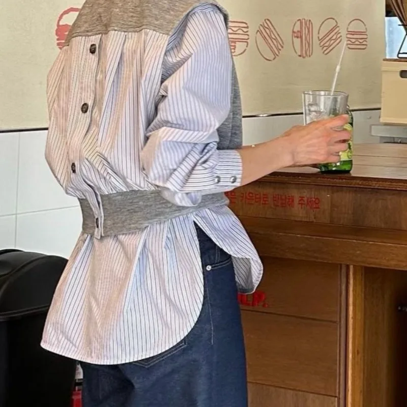 Рубашки и блузки с имитацией двух предметов милые Полосатые длинным рукавом