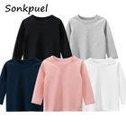 Детская футболка 2022, Весенняя Однотонная футболка для мальчиков и девочек с длинным рукавом, детские топы, Высококачественная однотонная хлопковая футболка для малышей, Детские повседневные футболки