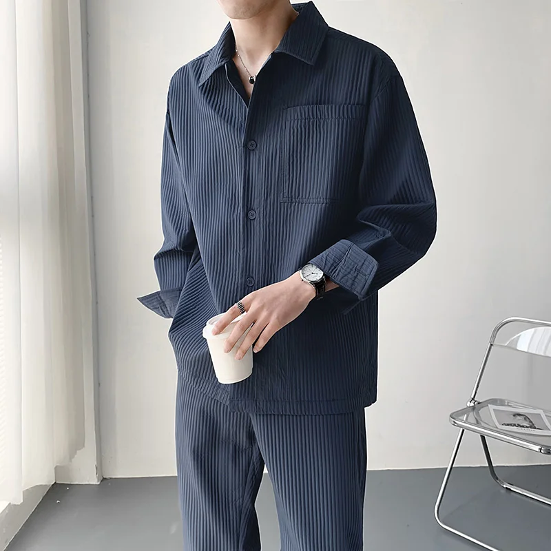 Spring/Summer Pleated Set Men Fashion Social Mens Dress Set Korean Long Sleeve Shirt/Trousers Two Piece Set Men Ice Silk Suit