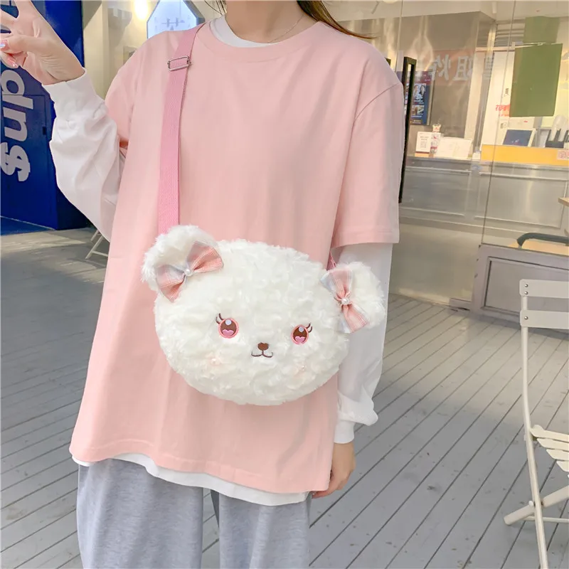 

Women cute bear shoulder bag 2022 new cartoon plush bear head Girl doll messenger bag
