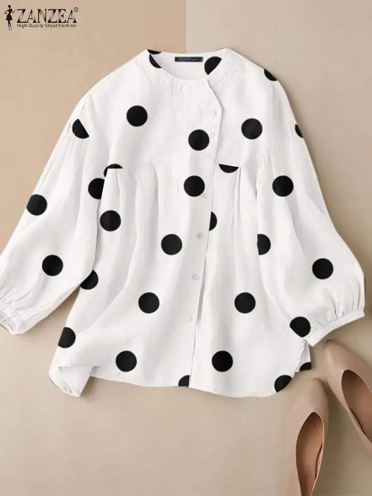 

Блузка ZANZEA в богемном стиле с рукавами-фонариками, осенняя женская рубашка с круглым вырезом и принтом в горошек, элегантные свободные топы ...