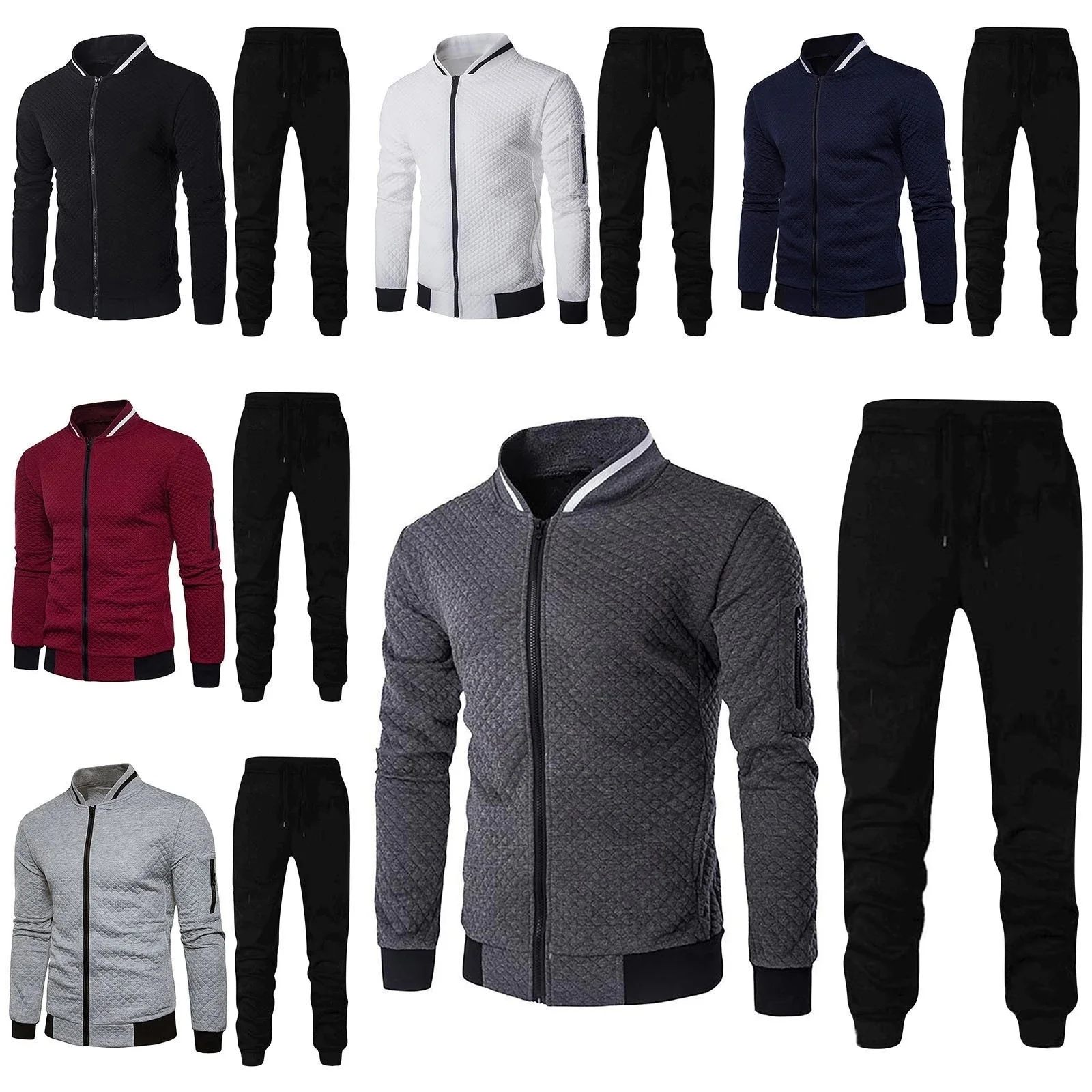 

Men's Fall winter Two-piece Sports Sets Stand-up Collar Solid Color Plaid Zipper Sweater Baseball Sports Suit