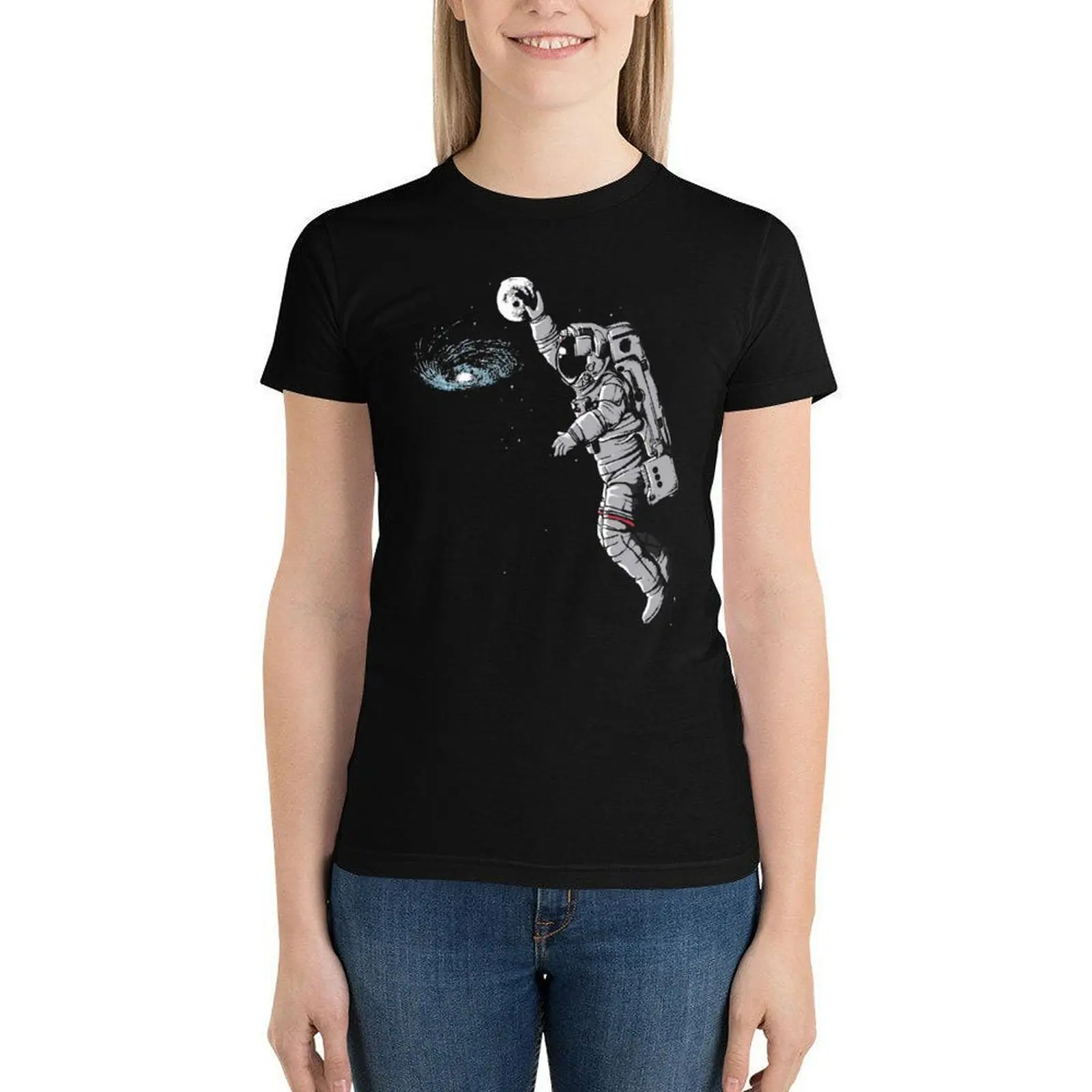 

Basketball Slam T Shirt Moon Astronaut Pattern Ladies T-Shirt Street Fashion Short Sleeve Cotton Tee Shirt