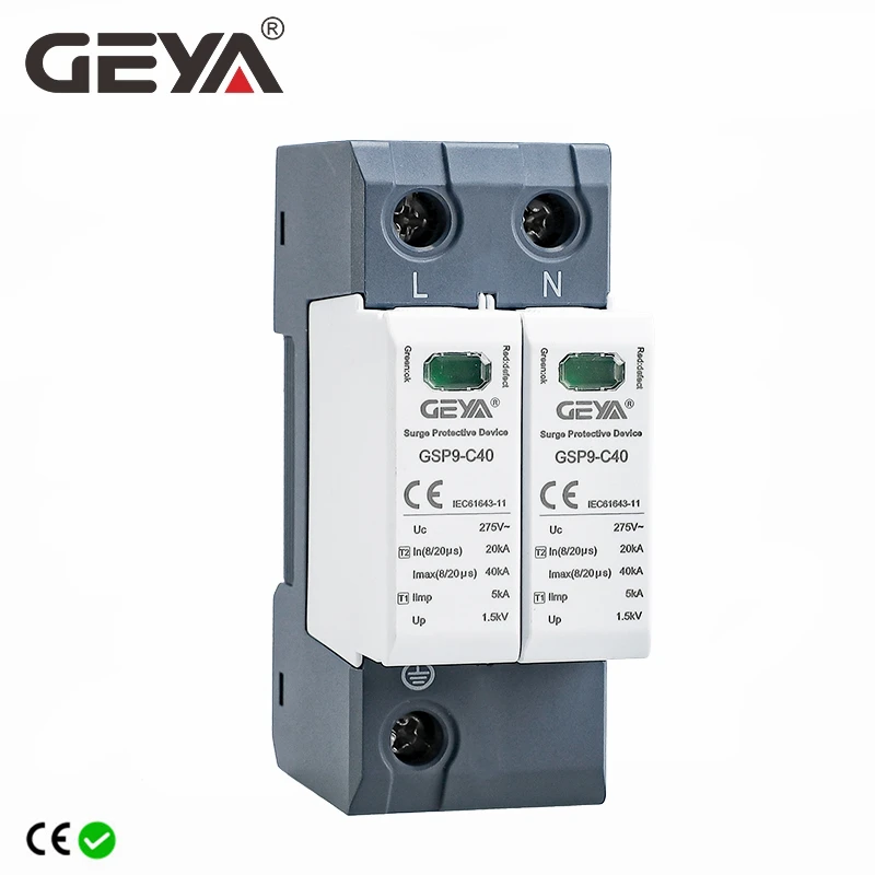 GEYA GSP9 2-полюсный стабилизатор напряжения 20KA-40KA SPD AC275V AC385V 400V 440V SPD домашний стабилизатор напряжения 1P + N Din-рейка GEYA GSP9 2-полюсный стабилизатор напряжения 20KA-40KA SPD AC275V AC385V 400V 440V SPD домашний стабилизатор напряжения 1P + N Din-рейка