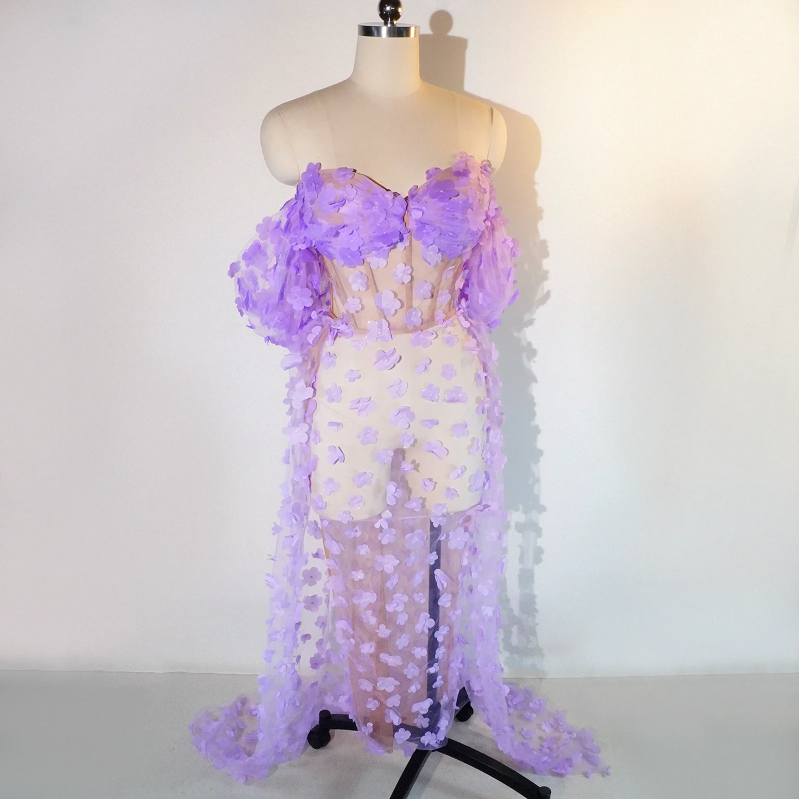 Сексуальный фиолетовый ​ Сетчатое прозрачное вечернее платье с цветочным