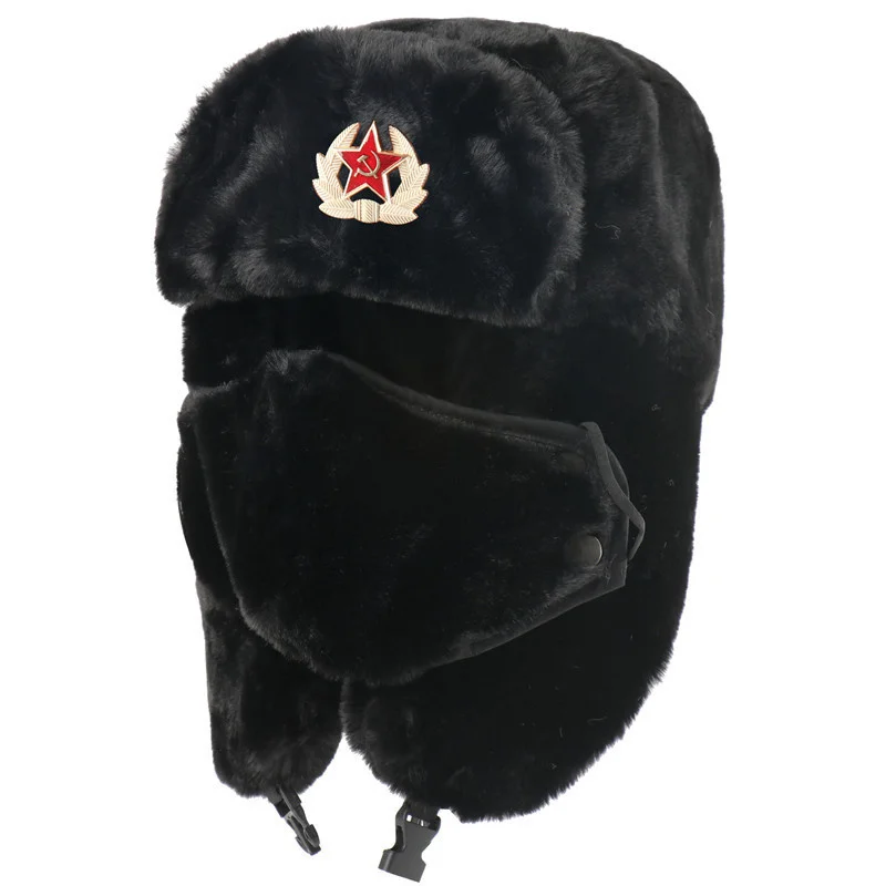 

Russian Soviet Military Winter Bomber Hat Army Trapper Hat Ushanka Russian Fur Hat Thick Warm Plush Earflap for Skiing Hunting