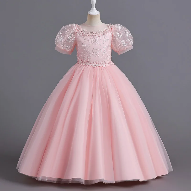 

8901 Children's Dress Girls' Princess Sequin Bubble Sleeve Long Mesh Flower Girl Wedding Little Summer