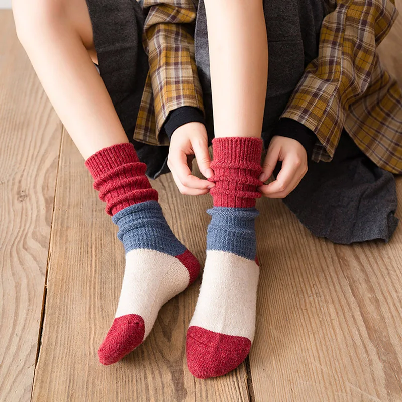 

Patchwork Color Keep Warm Ladies Pile Socks Thicking Women Socks Mid Tube Socks Wool Korean Style 1Pair for Winter