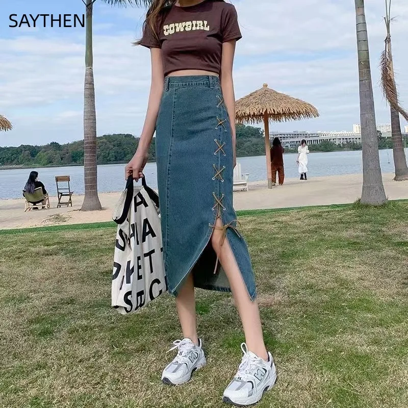 

SAYTHEN 2023 Женская летняя сексуальная джинсовая юбка с высокой талией средней длины трапециевидная юбка с большим шаговым швом и разрезом на лямках ST236235