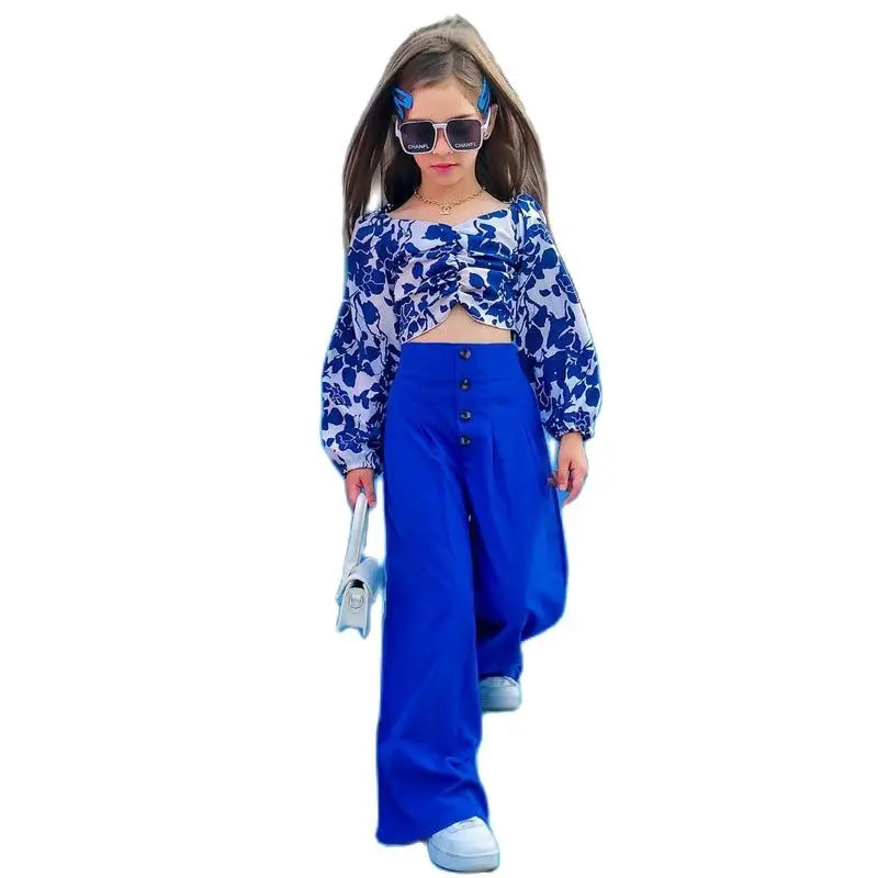 2-8Y Fashion Two Pices Toddler Kids Clothing Blue Floral Crops T-shirt +Loose Wide Leg Pants Summer Baby Girls 2pcs Outfits Suit