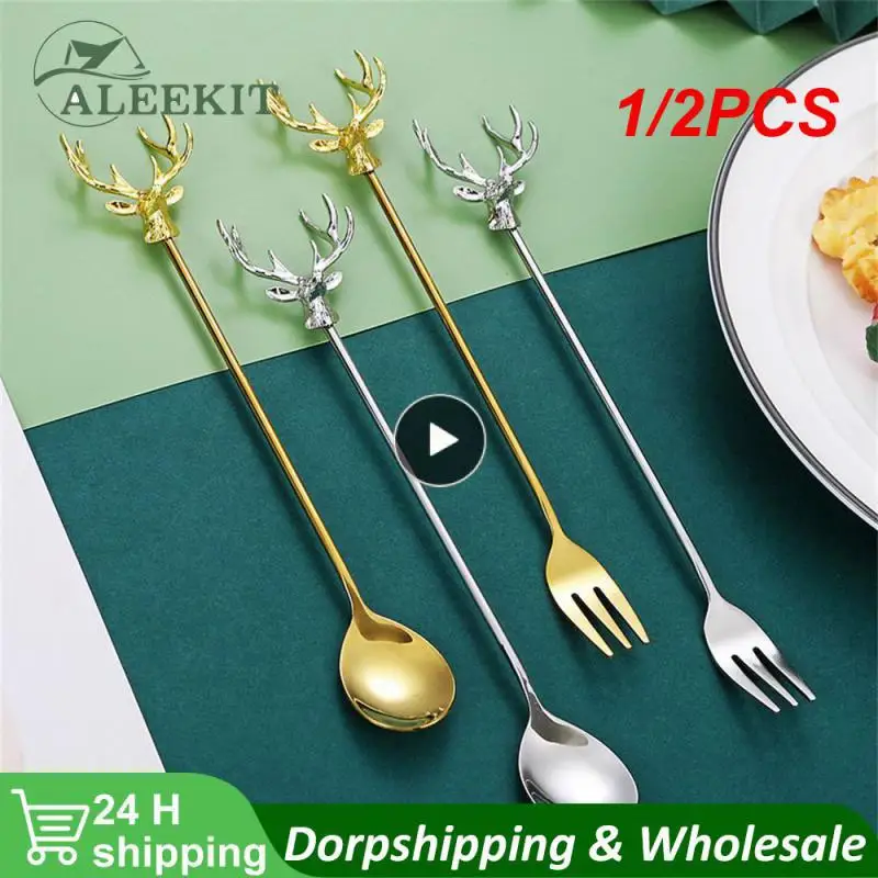 1/2PCS Stainless Steel Milu Deer Coffee Cake Spoon Fork Dess