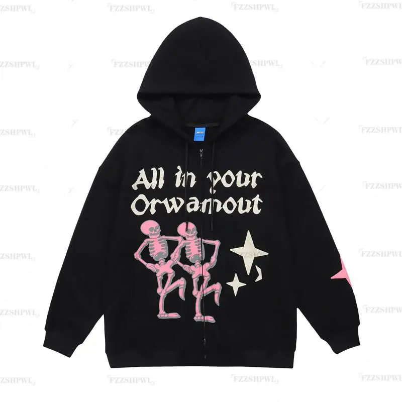 

Cardigan skull zipper hoodie women Y2K gothic loose long-sleeved jacket high street hip-hop oversized sweatshirt clothes top emo