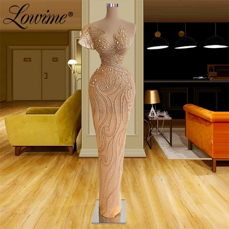 

Lowime Champagne Party Gowns Women Formal Long Evening Dresses Plus Size Arabic Beaded Mermaid Evening Dress Robes De Soiree