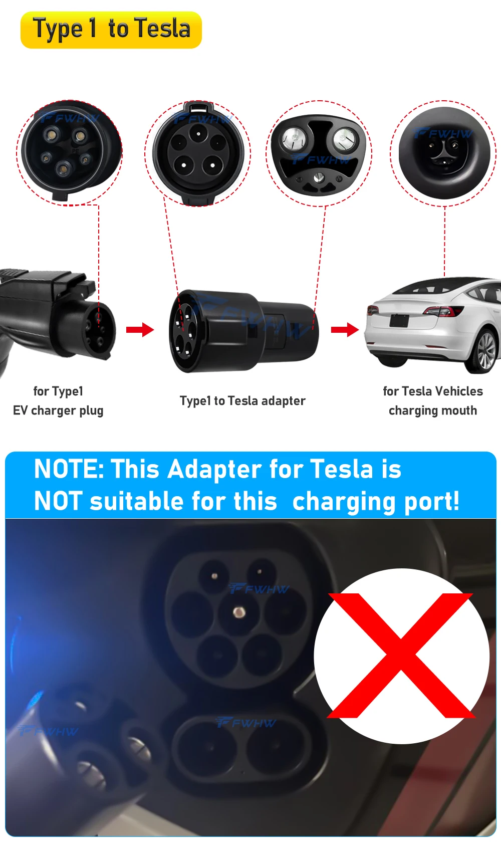 Фото Зарядный адаптер FWHW J1772 к Tesla, зарядный адаптер для электромобилей Tesla Model X/Y/3/S Type 1 к Tesla, зарядный разъем для электромобиля №2