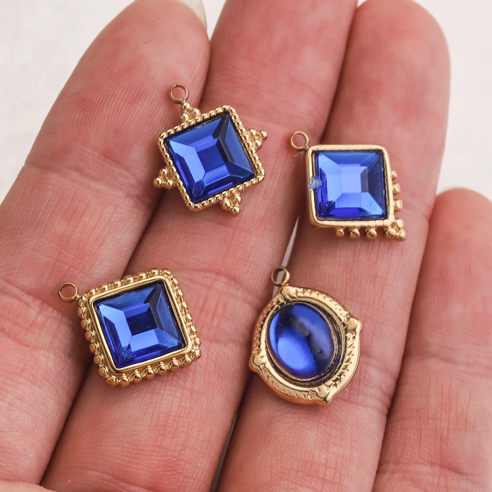 

5pcs Gold-Plate Sea Blue AK Glass Charms Square Stainless Steel Pendants Dangles for Women Earrings DIY Necklace Jewelry Making