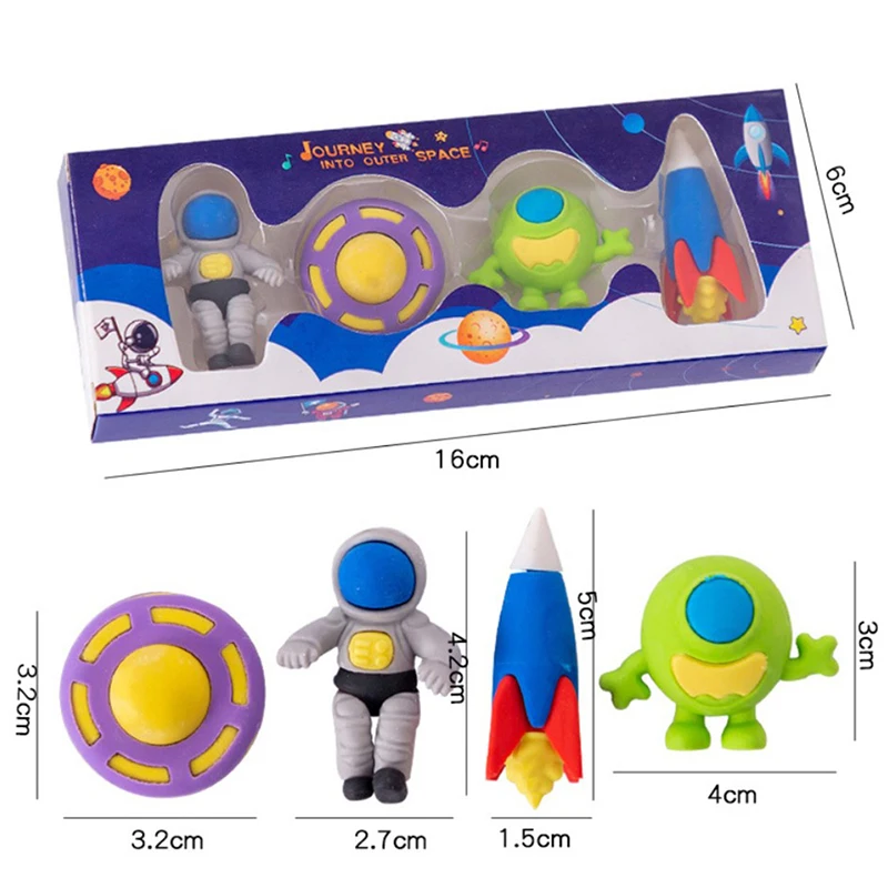 

4pcs Creative Astronaut Space Rocket Flying Saucer Eraser Set Student Stationery June 1st Children's Day Christmas Gift Prizes