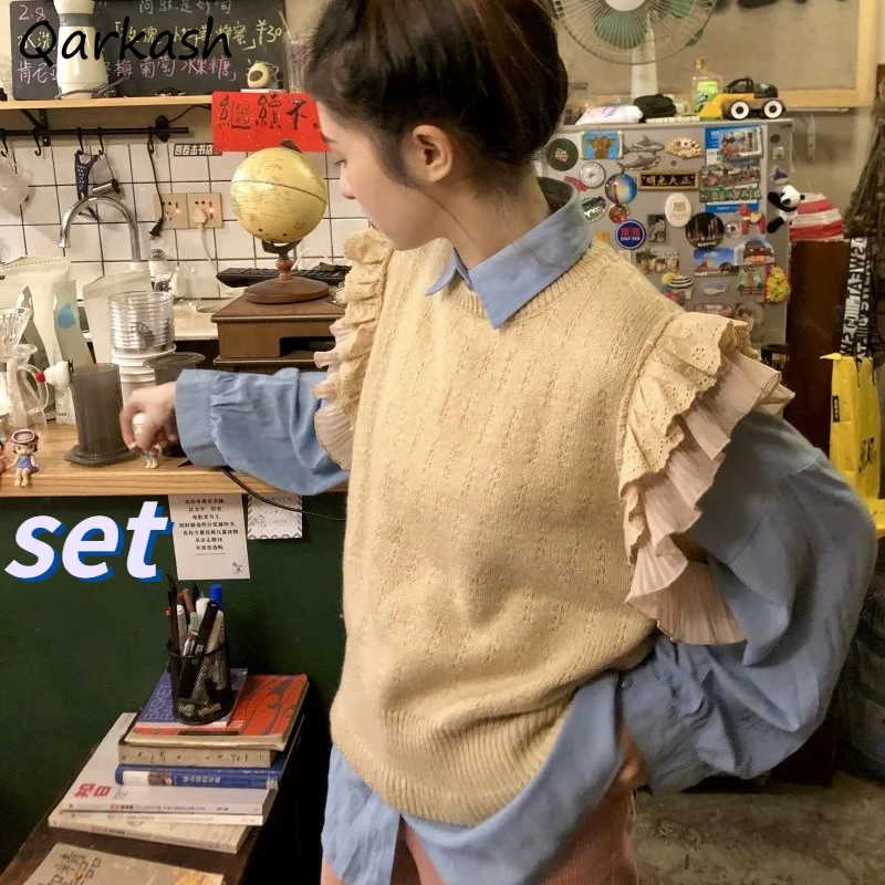 

Sets Women Ruffles Casual Ulzzang Spring Preppy Solid Shirt Aesthetic Retro Tender Lovely Sweater Vests Femme Fashion 2 Pieces