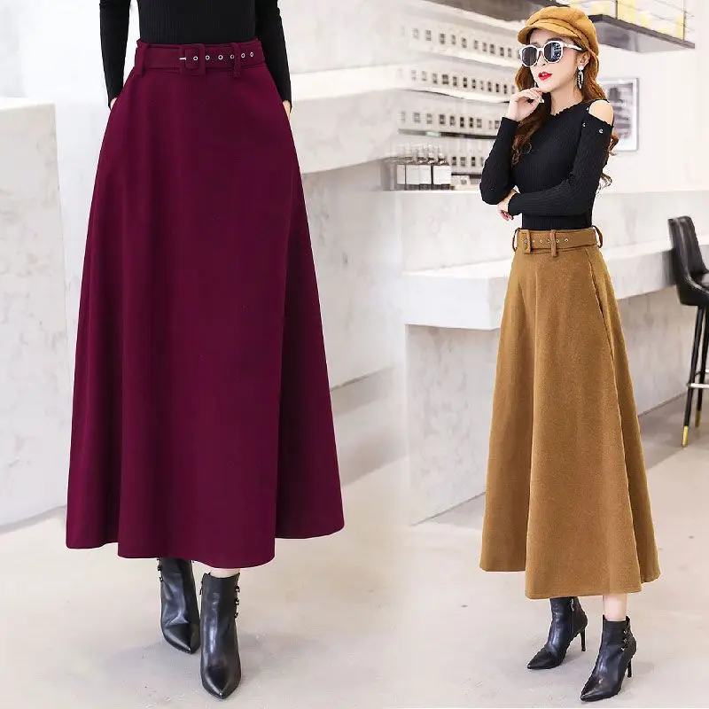 

Skirts Women Autumn Winter 2022 New Bandage Solid Color Elegant Fashion Female High Waist A-Line Office Lady Midi Skirt T432