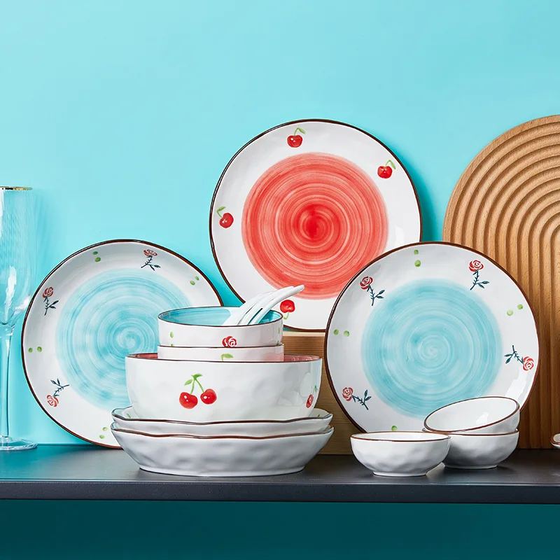 

Creative Cherry Rose Ceramic Tableware Bowl Set Enamel Dessert Plate Home Cooking Dishes Dinner Plate Kitchen Utensils Porcelain