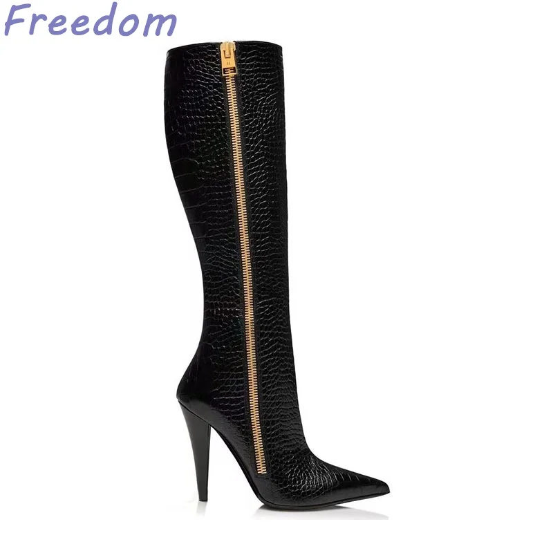 Черные сапоги до бедра из воловьей кожи с острым носком конический каблук