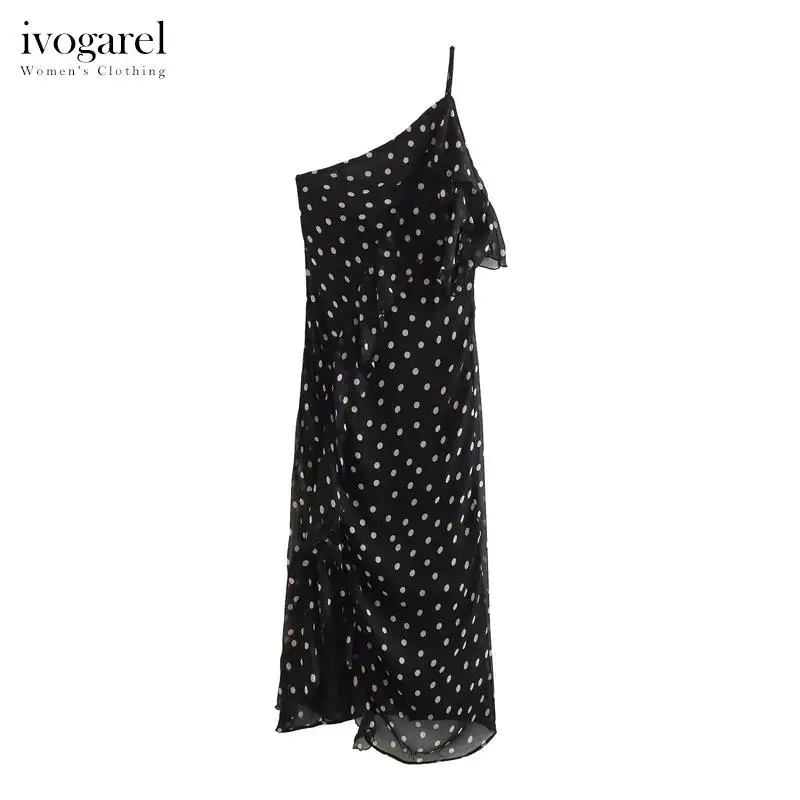 

Ivogarel Elegant Polka Dot Dress Women's Backless Evening Dress with Asymmetric Neckline Thin Straps Ruffled Trims and Slit