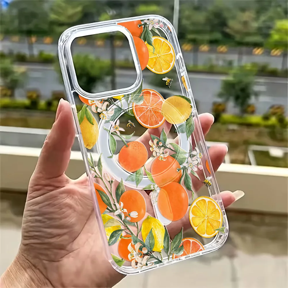 Фото Летний чехол для телефона с лимонным принтом для iPhone 17, 16, 15, 14, 13, 12, 11 Pro Max Plus, 17Air, 16e, с поддержкой MagSafe, магнитной беспроводной зарядки, прозрачный №1