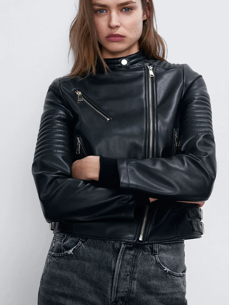 

Zach AiIsa counter quality summer new women's imitation leather motorcycle style Zhongshan collar long-sleeved jacket jacket