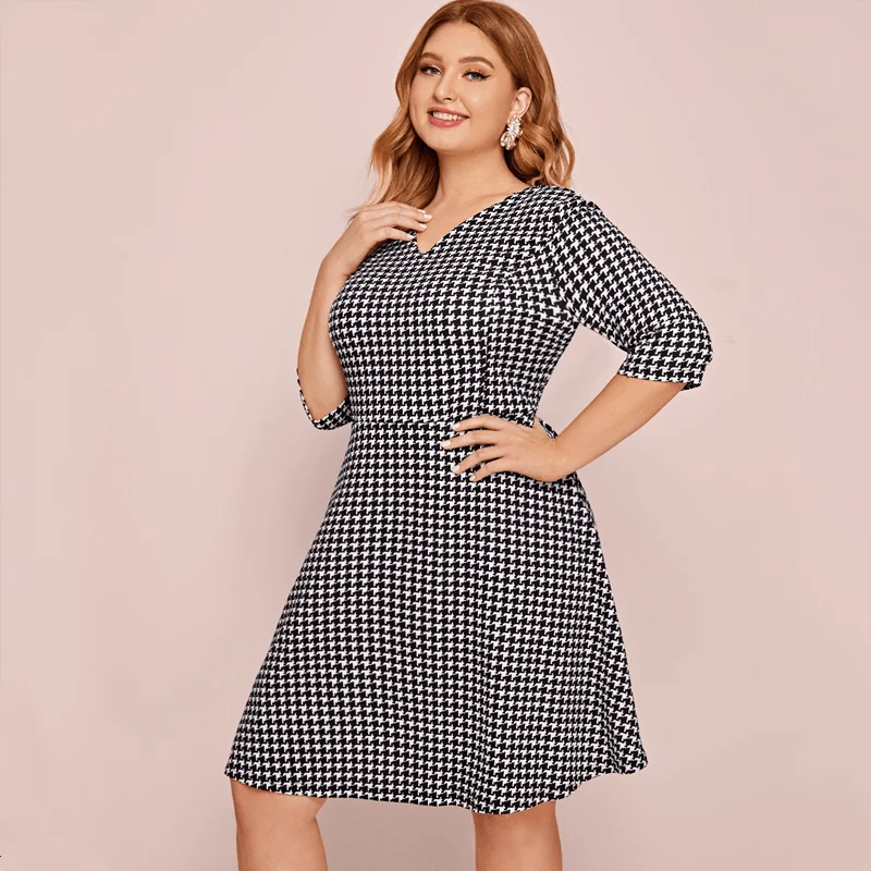Plus Size R'l Oumeijia Plus size Chubby Girl Houndstooth 3/4 Sleeve Dress Temperament Slim fit A- line Skirt 679 |