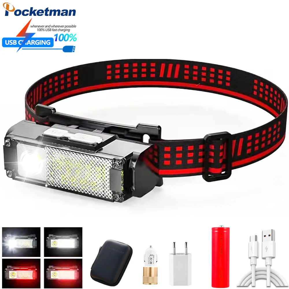 

With type-C line headlamp, double light source red and white light four gear light headlight