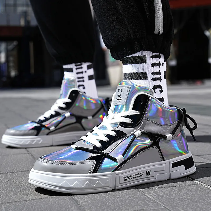 Brand Fashion Design Men's Shoes Luxury Mirror Glitter Men High top Sneakers Platform Streetwear Hip hop Men's Skateboard Shoes