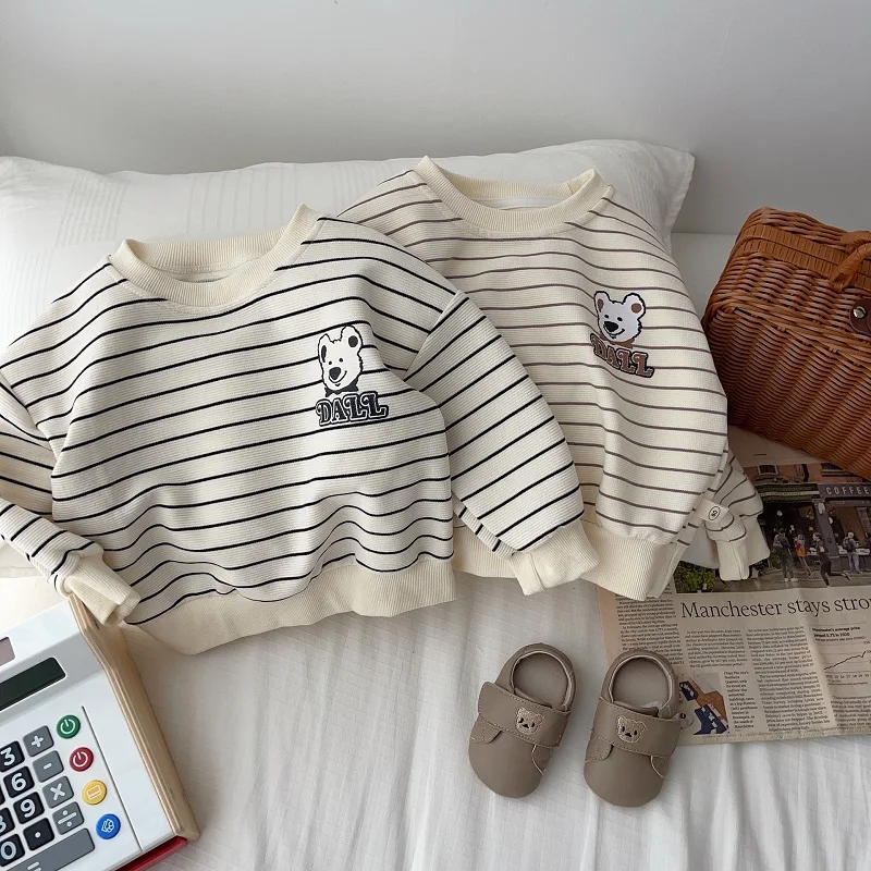 

0-6Years Kids Baby Boy Sweatshirt Long Sleeve O-Neck Cartoon Bear Pattern Striped Pullover Tops Outfits Children Autumn Clothes